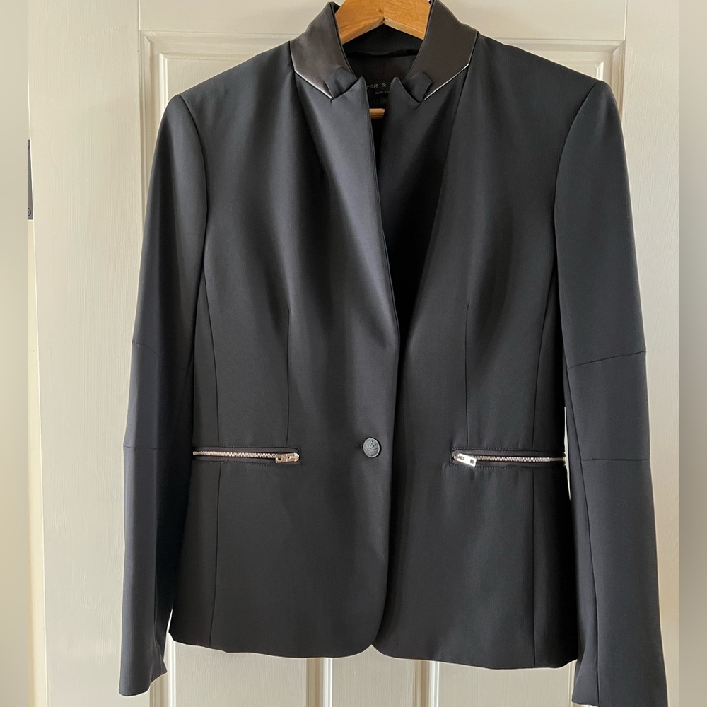 Rag & Bone Blazer ~leather collar, zippered sleeves/pockets. Size 4. Black.